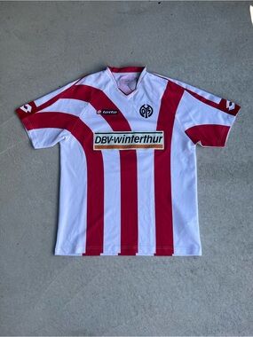 2000s Lotto Men's White & Red Striped Soccer Jersey - Mainz 05